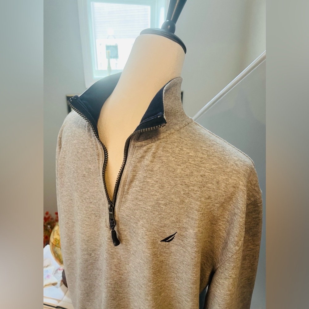 NAUTICA Mens Pullover Fleece 1/4 Zip Long Sleeve Sweatshirt Gray/Navy Trim Logo